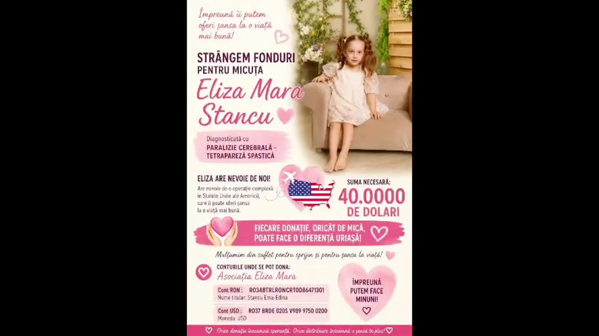 Eliza Stancu, 5 ani, are nevoie de 40.000 $ pentru operație în Florida