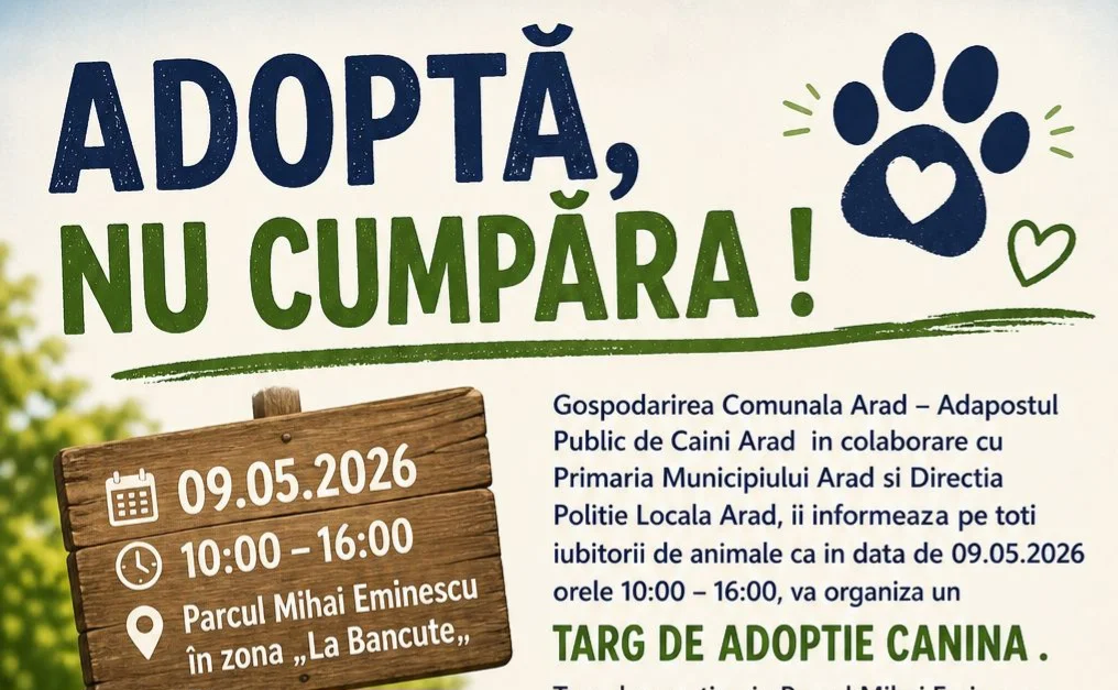 Târg de adopție câini Arad 9 mai 2026 în Parcul Mihai Eminescu